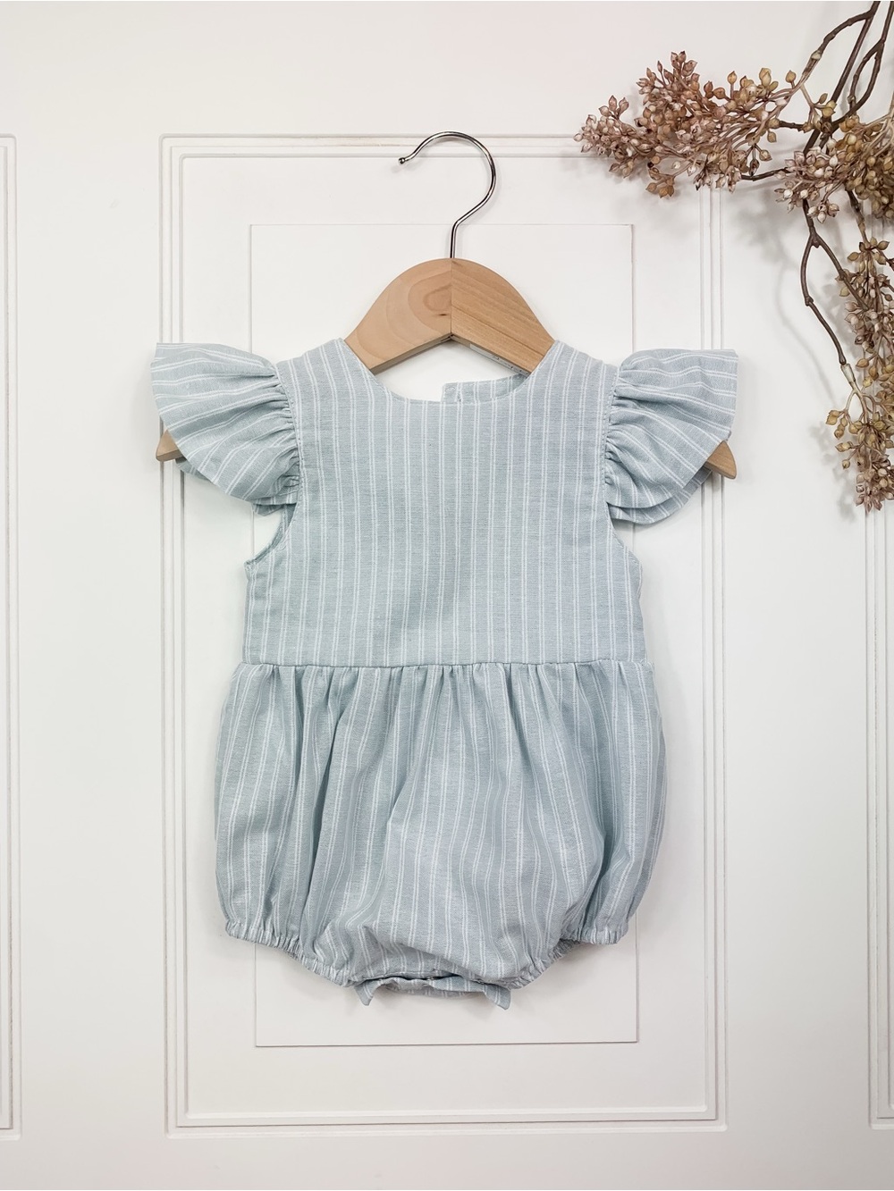 Striped Flutter Sleeve Baby Romper in Pale Blue